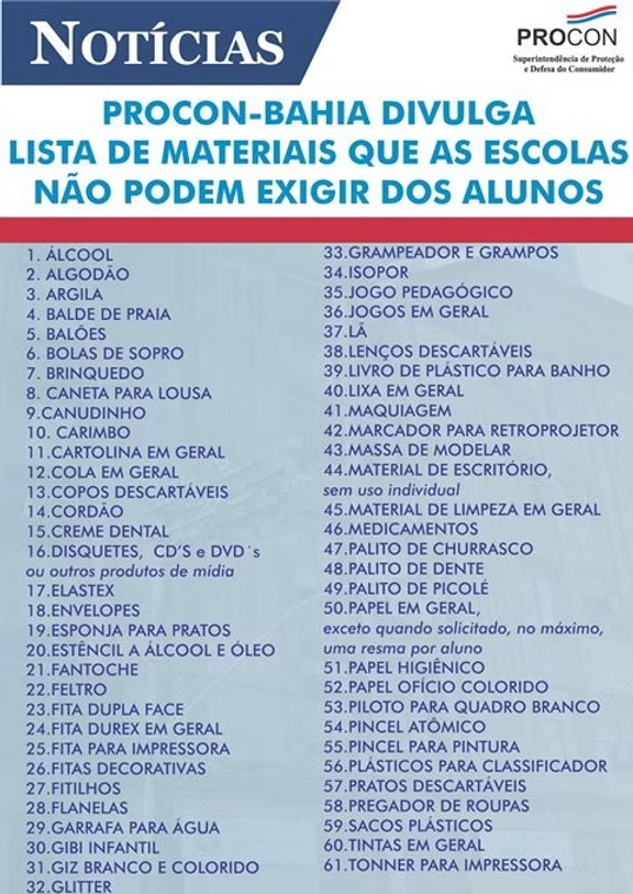 Lista histórica do Procon-Bahia com 61 itens de material escolar. Clique para ampliar.